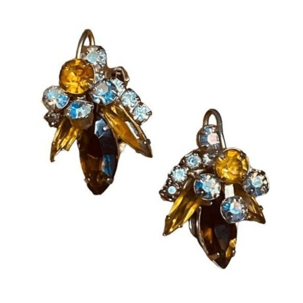 Vintage 60s Crystal Rhinestone Statement Earring Yellow‎ Brown Gold Clip-On